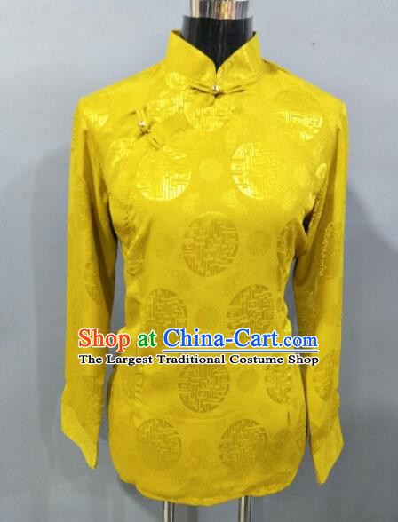 Traditional Chinese National Ethnic Tibetan Yellow Blouse Zang Nationality Folk Dance Costume for Women