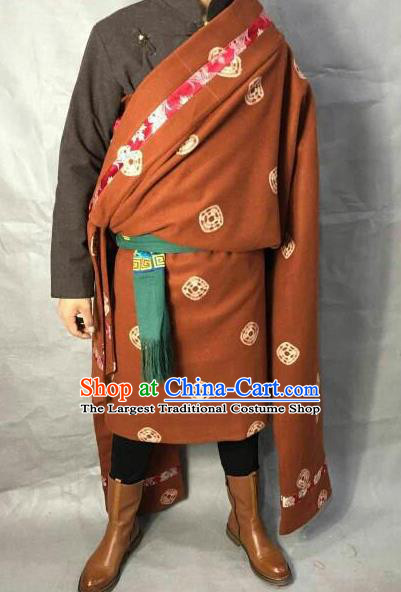 Traditional Chinese National Ethnic Orange Tibetan Robe Zang Nationality Folk Dance Costumes for Men