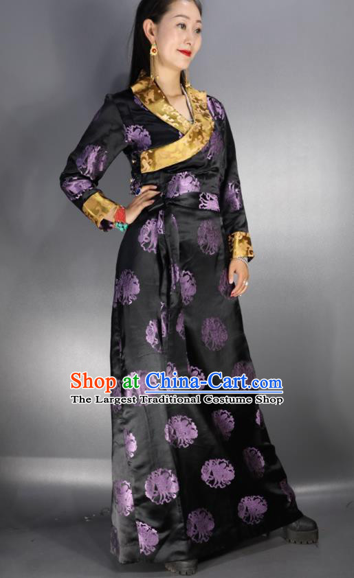 Traditional Chinese National Ethnic Brocade Tibetan Dress Zang Nationality Folk Dance Costume for Women