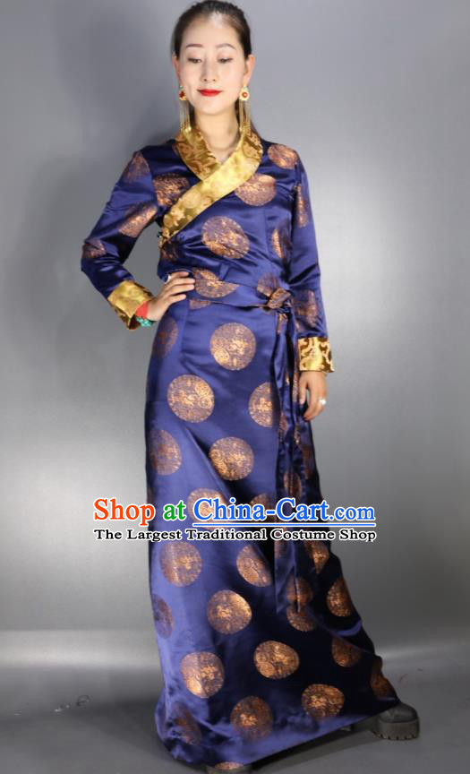 Traditional Chinese National Ethnic Navy Brocade Tibetan Dress Zang Nationality Folk Dance Costume for Women