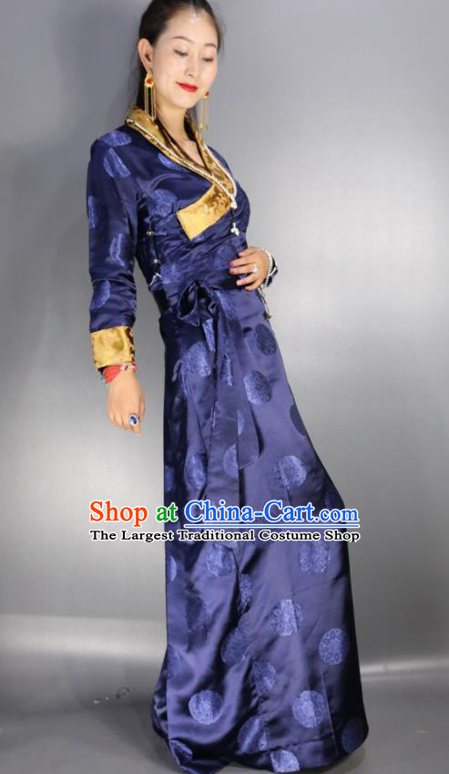 Traditional Chinese National Ethnic Royalblue Brocade Tibetan Dress Zang Nationality Folk Dance Costume for Women