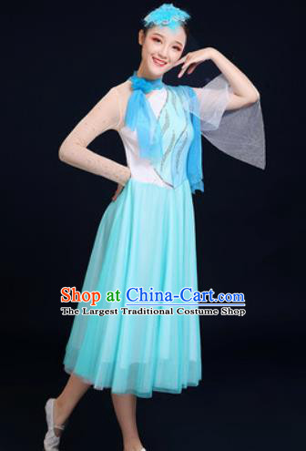 Traditional Chinese Spring Festival Gala Dance Blue Veil Dress Chorus Modern Dance Costume for Women