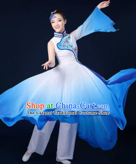 Chinese Traditional Classical Dance Blue Dress Umbrella Dance Stage Performance Costume for Women