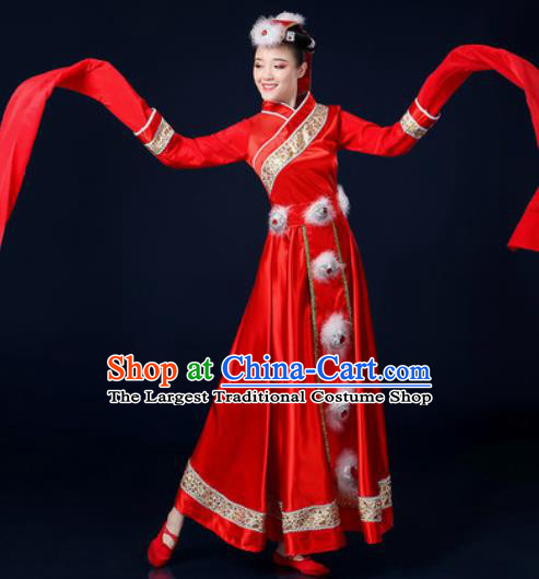 Traditional Chinese Tibetan Ethnic Dance Red Dress Zang Nationality Stage Performance Costume for Women