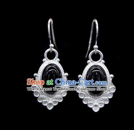 Chinese Traditional Tibetan Ethnic Ear Accessories Zang Nationality Handmade Black Stone Earrings for Women