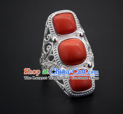 Chinese Traditional Mongolian Ethnic Rings Accessories Handmade Mongol Nationality Coral Stone Finger Ring for Women