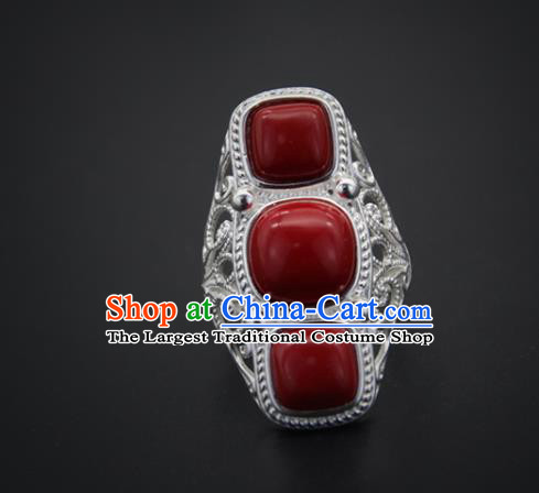 Chinese Traditional Mongolian Ethnic Rings Accessories Handmade Mongol Nationality Red Stone Finger Ring for Women