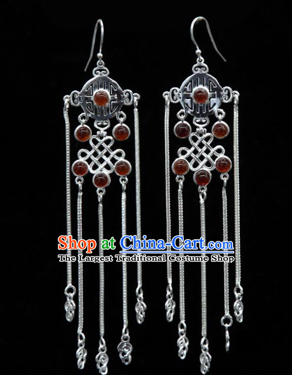 Chinese Traditional Mongolion Ethnic Red Agate Tassel Ear Accessories Mongol Nationality Handmade Earrings for Women