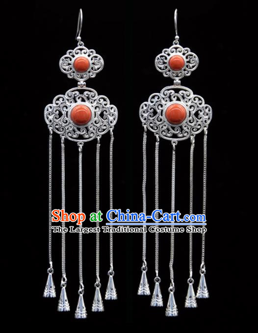 Chinese Traditional Ethnic Ear Accessories Handmade Mongol Nationality Corallite Tassel Earrings for Women