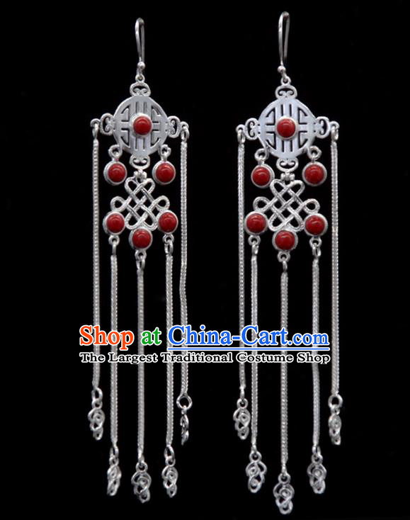 Chinese Traditional Mongolion Ethnic Red Stone Tassel Ear Accessories Mongol Nationality Handmade Earrings for Women