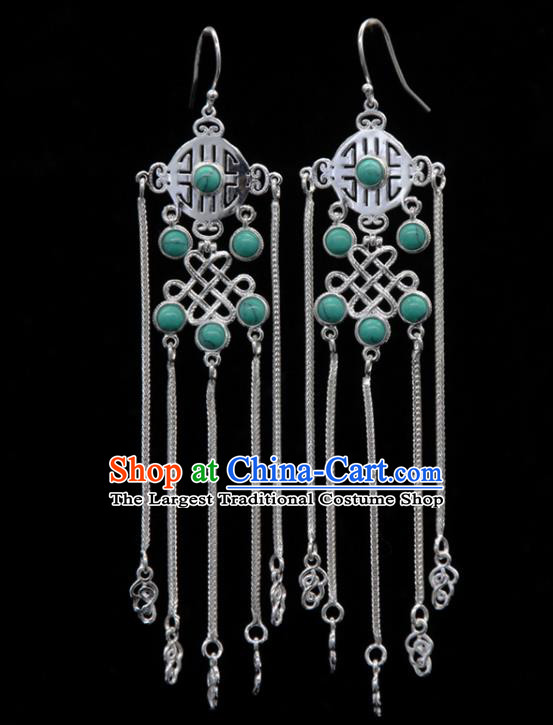 Chinese Traditional Mongolion Ethnic Green Stone Tassel Ear Accessories Mongol Nationality Handmade Earrings for Women