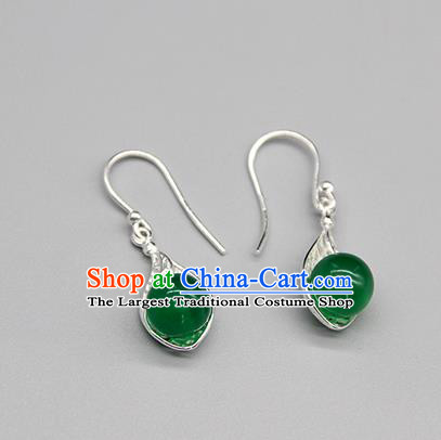 Chinese Traditional Mongolion Ethnic Green Agate Ear Accessories Mongol Nationality Handmade Earrings for Women