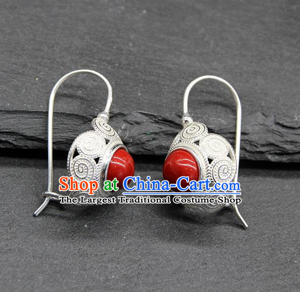 Chinese Traditional Mongolion Ethnic Sliver Carving Ear Accessories Mongol Nationality Red Earrings for Women