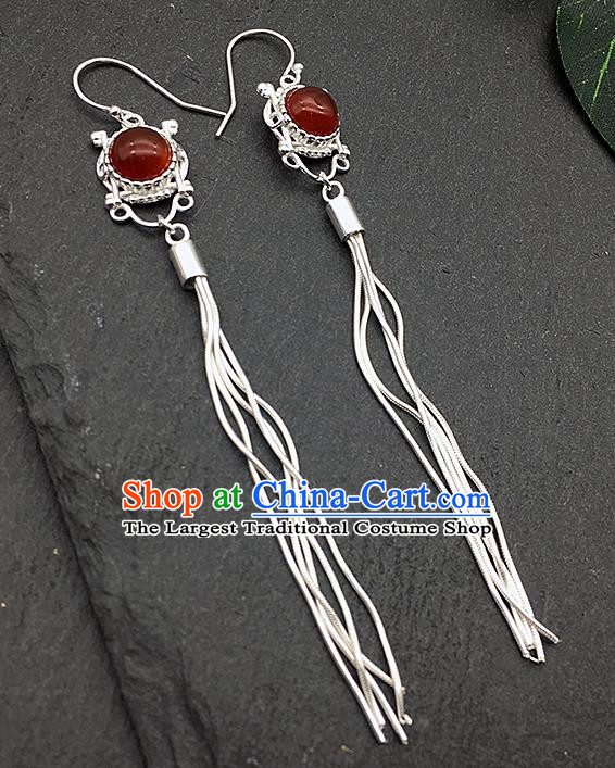 Chinese Traditional Tibetan Ethnic Garnet Sliver Long Tassel Ear Accessories Zang Nationality Earrings for Women