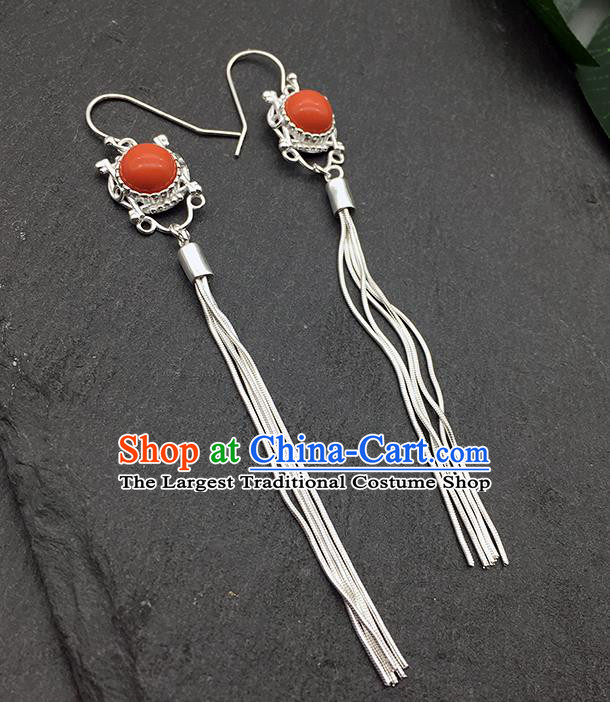 Chinese Traditional Tibetan Ethnic Coral Stone Sliver Long Tassel Ear Accessories Zang Nationality Earrings for Women