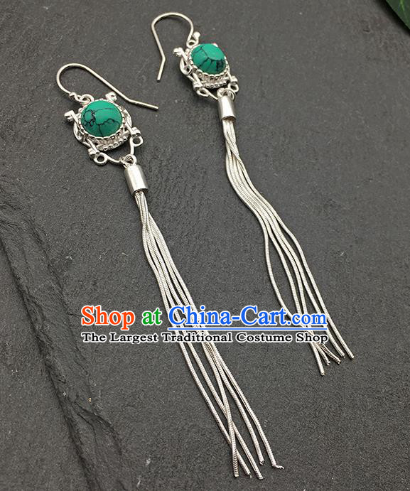 Chinese Traditional Tibetan Ethnic Kallaite Sliver Long Tassel Ear Accessories Zang Nationality Earrings for Women