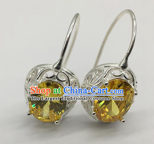 Chinese Traditional Mongolian Ethnic Accessories Mongol Nationality Yellow Crystal Earrings for Women