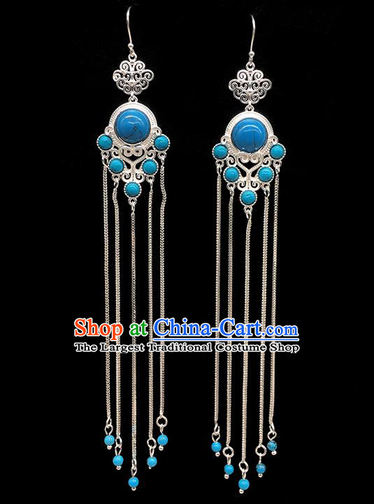 Chinese Traditional Mongolian Ethnic Sliver Accessories Mongol Nationality Blue Earrings for Women