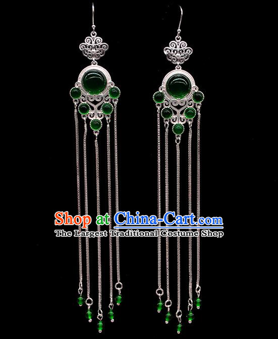 Chinese Traditional Mongolian Ethnic Sliver Accessories Mongol Nationality Green Agate Earrings for Women
