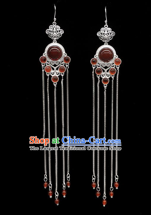 Chinese Traditional Mongolian Ethnic Sliver Accessories Mongol Nationality Garnet Earrings for Women