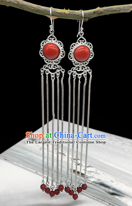 Traditional Chinese Mongolian Ethnic Red Earring Mongol Nationality Sliver Tassel Ear Accessories for Women