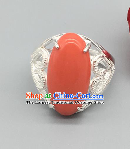 Chinese Traditional Ethnic Coral Stone Rings Handmade Zang Nationality Sliver Finger Ring for Women