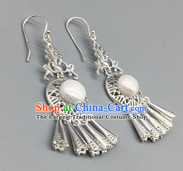 Traditional Chinese Mongolian Ethnic Sliver Pearls Earring Mongol Nationality Ear Accessories for Women