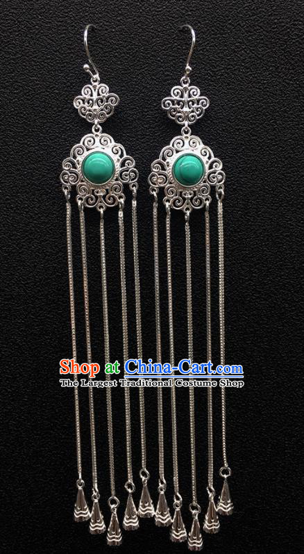 Traditional Chinese Mongolian Ethnic Sliver Tassel Earring Mongol Nationality Green Stone Ear Accessories for Women