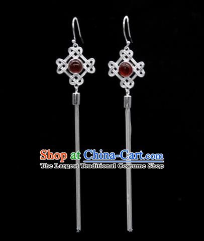 Traditional Chinese Mongolian Ethnic Garnet Earring Mongol Nationality Sliver Ear Accessories for Women