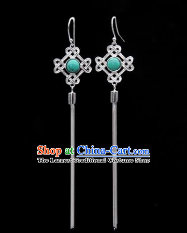 Traditional Chinese Mongolian Ethnic Green Stone Earring Mongol Nationality Sliver Ear Accessories for Women