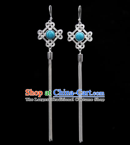 Traditional Chinese Mongolian Ethnic Blue Stone Earring Mongol Nationality Sliver Ear Accessories for Women