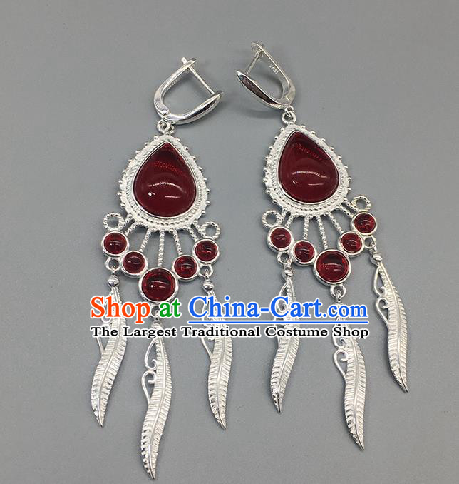 Traditional Chinese Mongolian Garnet Earring Mongol Nationality Ethnic Sliver Ear Accessories for Women