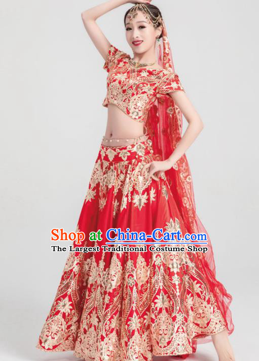 Asian India Traditional Costumes South Asia Indian Bollywood Belly Dance Red Veil Dress for Women