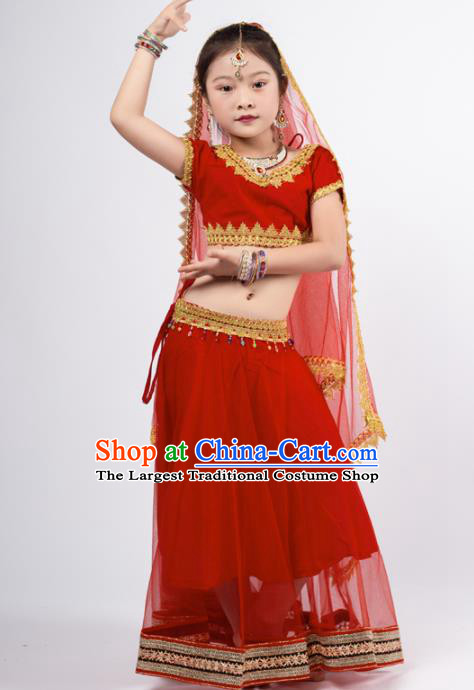 Asian India Red Sari Traditional Bollywood Costumes South Asia Indian Princess Belly Dance Dress for Kids