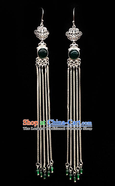 Traditional Chinese Mongolian Ethnic Long Tassel Earring Mongol Nationality Green Bead Ear Accessories for Women