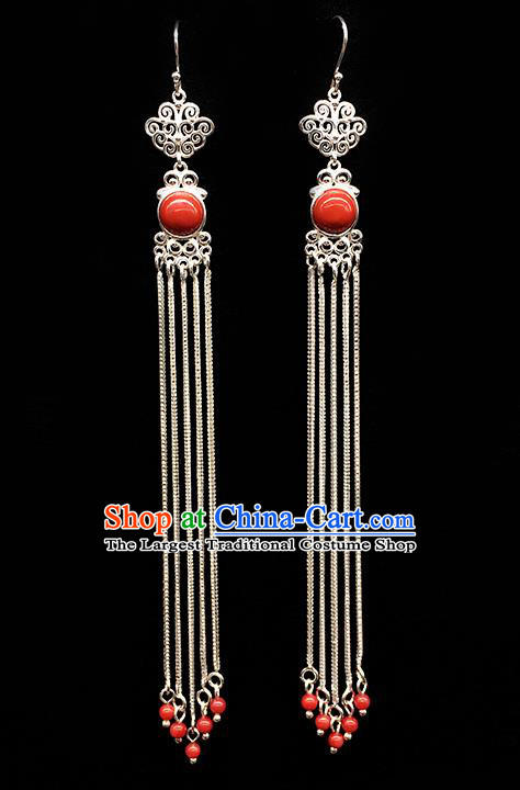 Traditional Chinese Mongolian Ethnic Long Tassel Earring Mongol Nationality Orange Bead Ear Accessories for Women