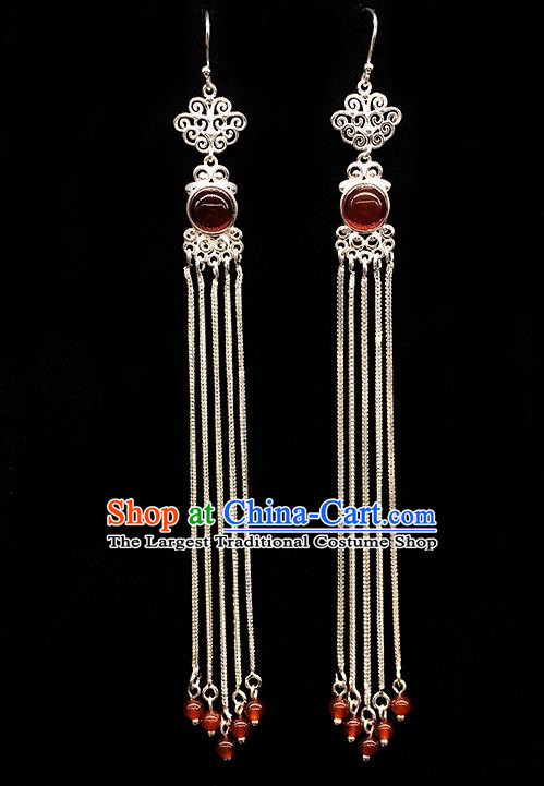 Traditional Chinese Mongolian Ethnic Long Tassel Earring Mongol Nationality Red Bead Ear Accessories for Women