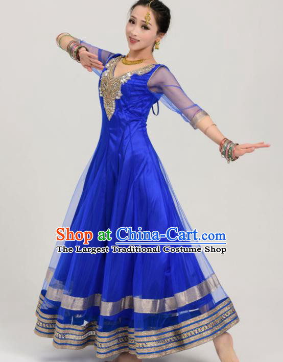 Asian India Traditional Bollywood Costumes South Asia Indian Belly Dance Royalblue Veil Sari Dress for Women