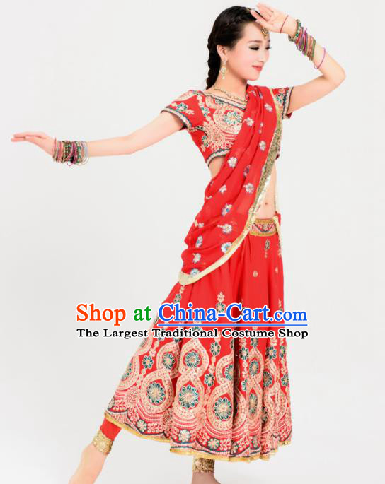 Asian India Princess Traditional Bollywood Costumes South Asia Indian Belly Dance Red Sari Dress for Women