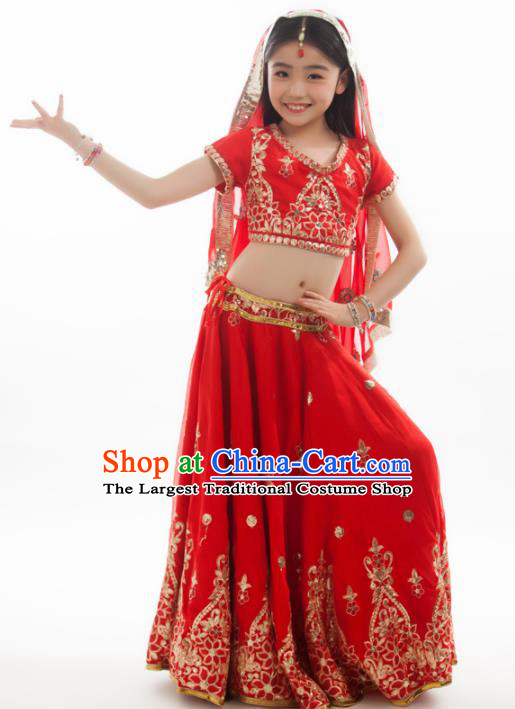 Asian India Princess Traditional Oriental Bollywood Costumes South Asia Indian Belly Dance Red Sari Dress for Kids