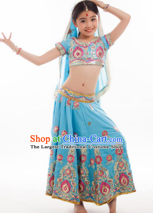 Asian India Princess Traditional Oriental Bollywood Costumes South Asia Indian Belly Dance Blue Sari Dress for Kids