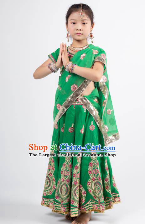 Asian India Princess Traditional Oriental Bollywood Costumes South Asia Indian Belly Dance Green Sari Dress for Kids