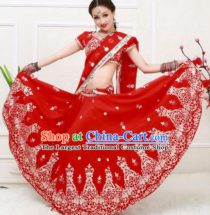 Asian India Princess Traditional Oriental Bollywood Red Costumes South Asia Indian Belly Dance Sari Dress for Women