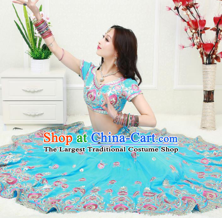 Asian India Princess Traditional Oriental Bollywood Blue Costumes South Asia Indian Belly Dance Sari Dress for Women