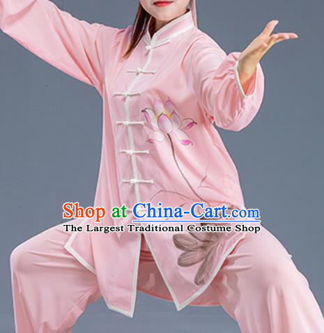 Asian Chinese Traditional Martial Arts Kung Fu Printing Lotus Pink Costume Tai Ji Training Group Competition Uniform for Women