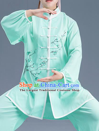 Asian Chinese Traditional Martial Arts Kung Fu Printing Plum Blossom Green Costume Tai Ji Training Group Competition Uniform for Women