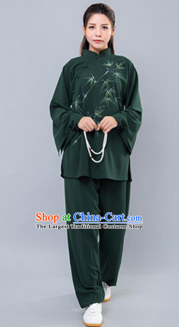 Asian Chinese Martial Arts Traditional Kung Fu Printing Bamboo Green Costume Tai Ji Training Group Competition Uniform for Women