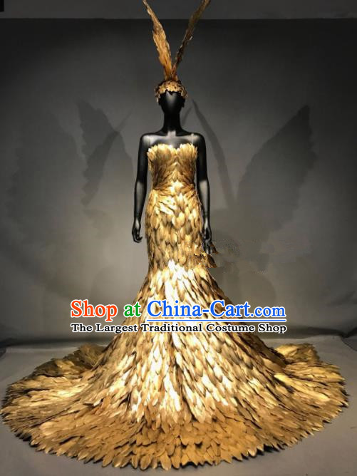 Top Grade Stage Performance Golden Feather Dress Brazilian Carnival Halloween Costume for Women