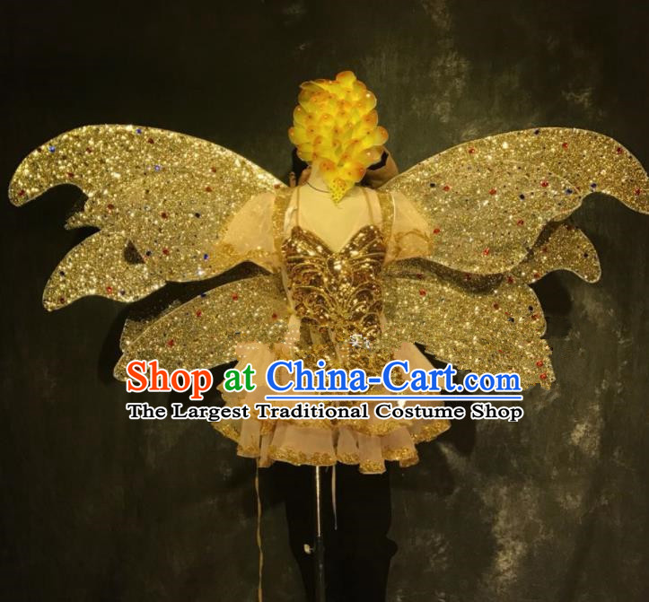 Top Grade Halloween Stage Show Golden Butterfly Wings Dress Brazilian Carnival Modern Fancywork Costume for Women