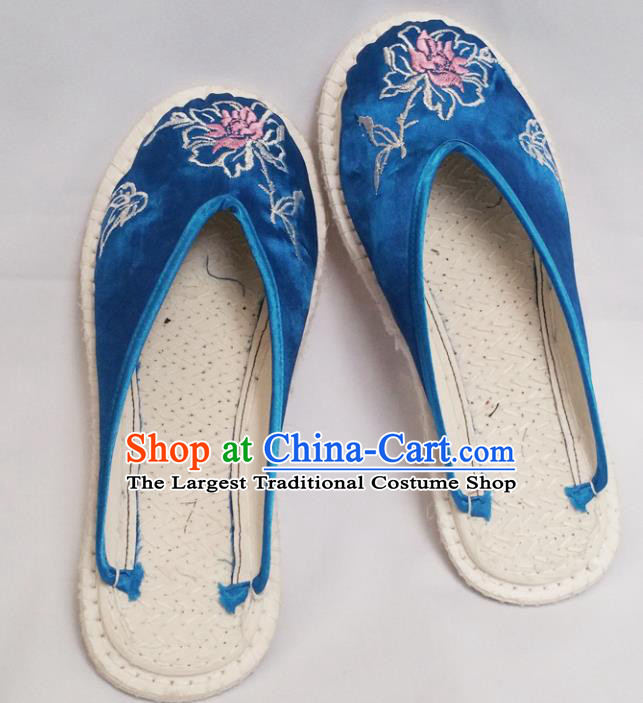 Chinese Ancient Princess Blue Satin Slippers Traditional Embroidered Peony Shoes Hanfu Shoes for Women